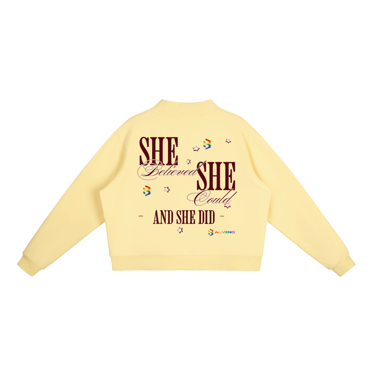 Essential Fleece Mock-Neck Crew Sweatshirt featuring motivational text on the back in a vibrant yellow color.