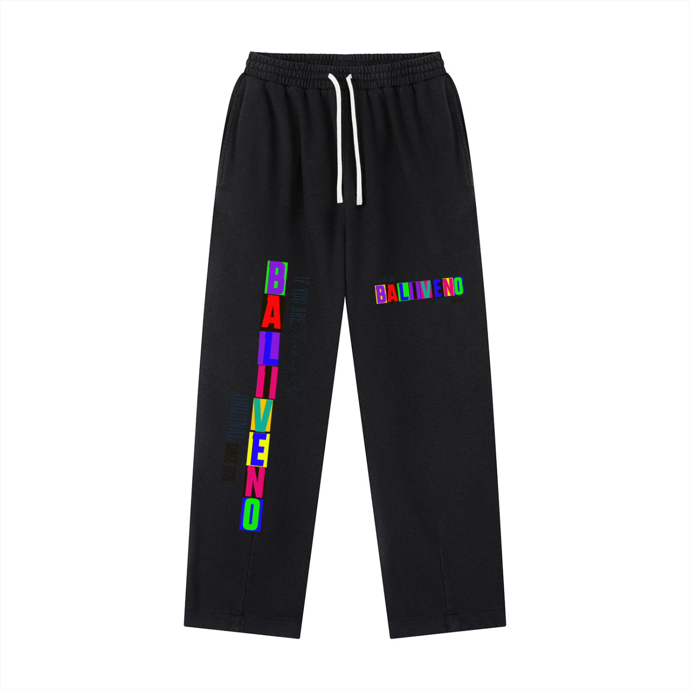 Vintage Washed Drawstring Sweatpants featuring colorful graphic design on black fabric, perfect for casual wear.