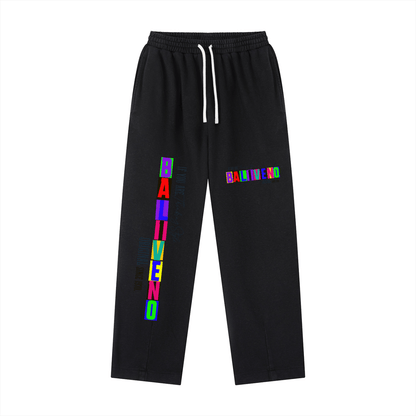 Vintage Washed Drawstring Sweatpants featuring colorful graphic design on black fabric, perfect for casual wear.