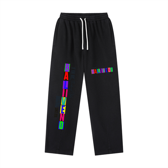 Vintage Washed Drawstring Sweatpants featuring colorful graphic design on black fabric, perfect for casual wear.
