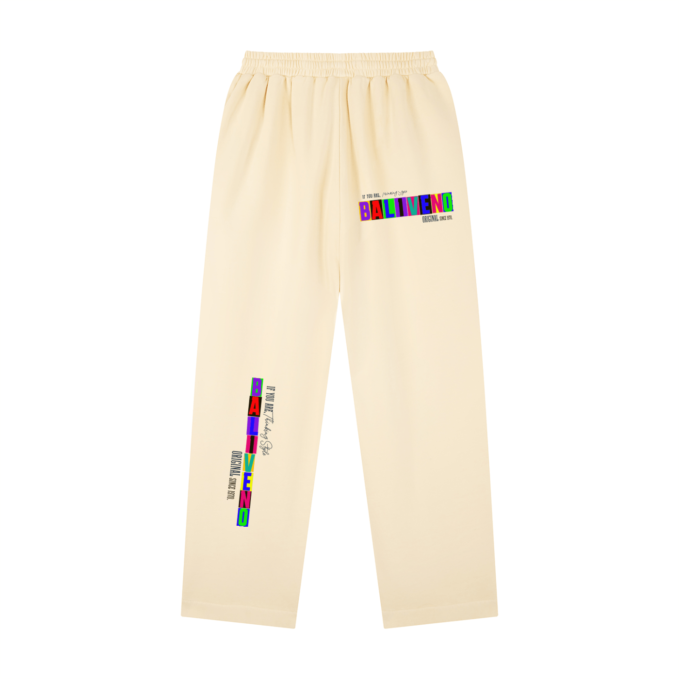 Vintage Washed Drawstring Sweatpants in cream color with colorful graphic print on legs, perfect for casual wear.