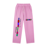 Vintage Washed Drawstring Sweatpants in pink with bold print and drawstring waistband.