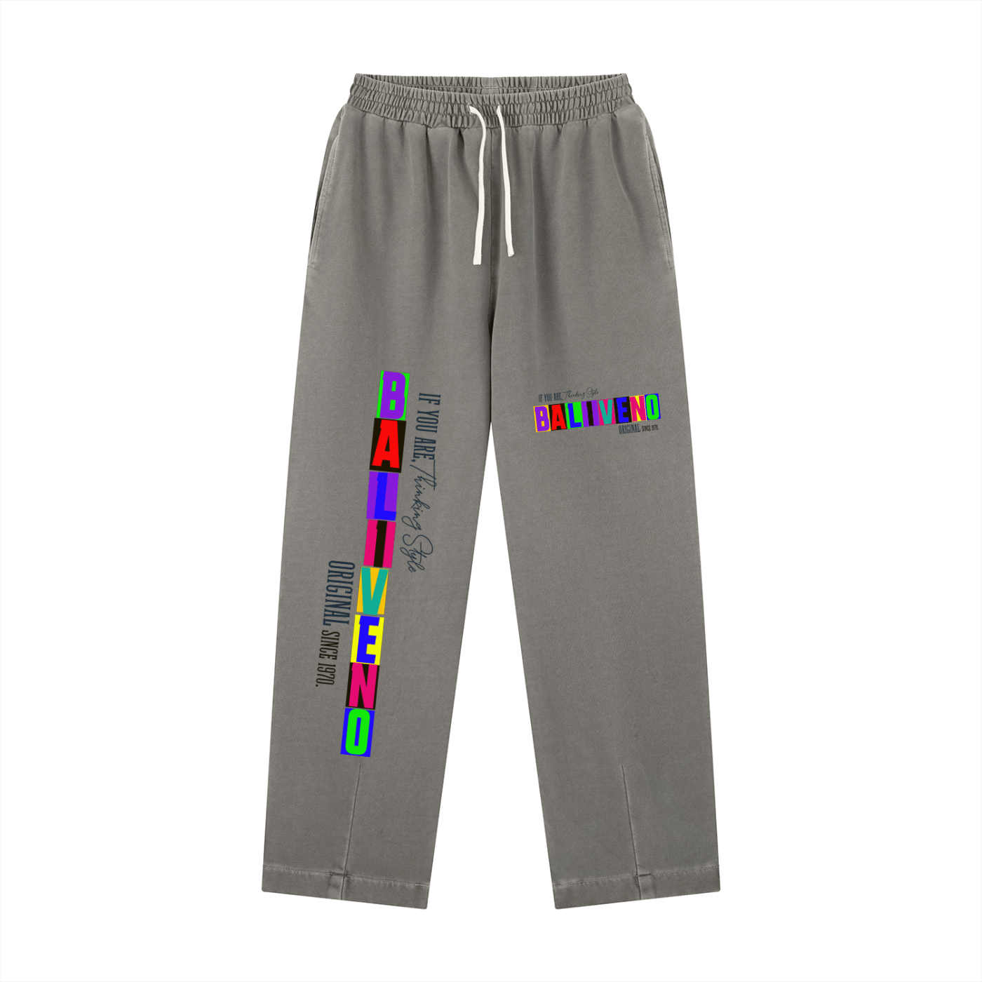 Vintage Washed Drawstring Sweatpants in grey with colorful graphic prints and adjustable waistband.