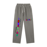 Vintage Washed Drawstring Sweatpants in grey with colorful graphic prints and adjustable waistband.