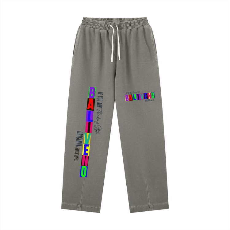 Vintage Washed Drawstring Sweatpants in grey with colorful graphic prints and adjustable waistband.