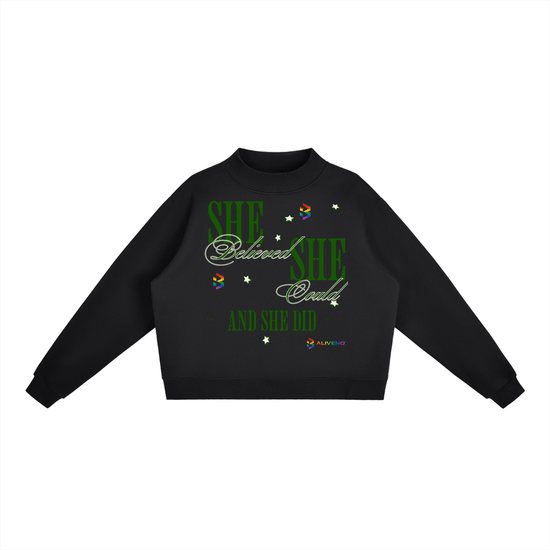 Essential Fleece Mock-Neck Crew Sweatshirt featuring colorful graphic design and casual style.