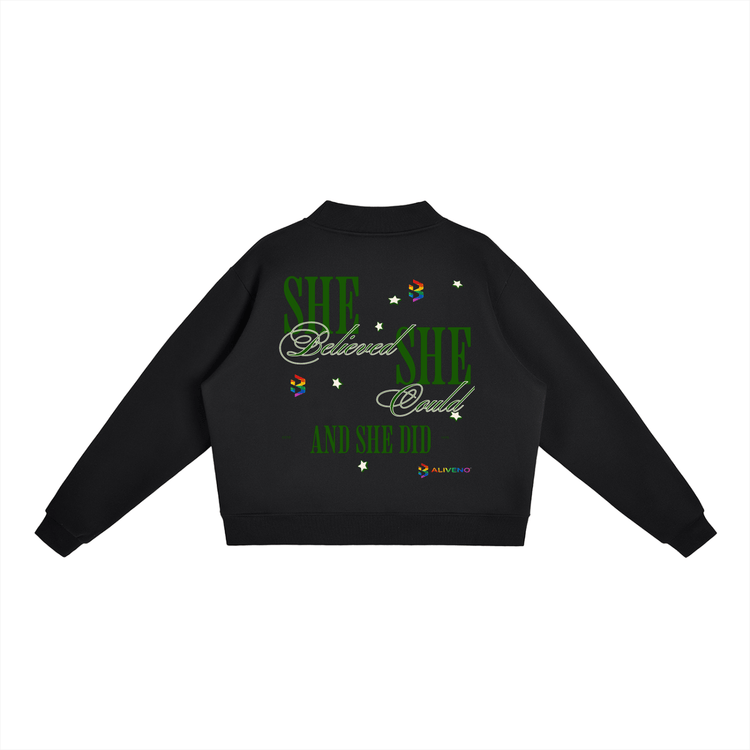 Essential Fleece Mock-Neck Crew Sweatshirt with vibrant back graphic reading &