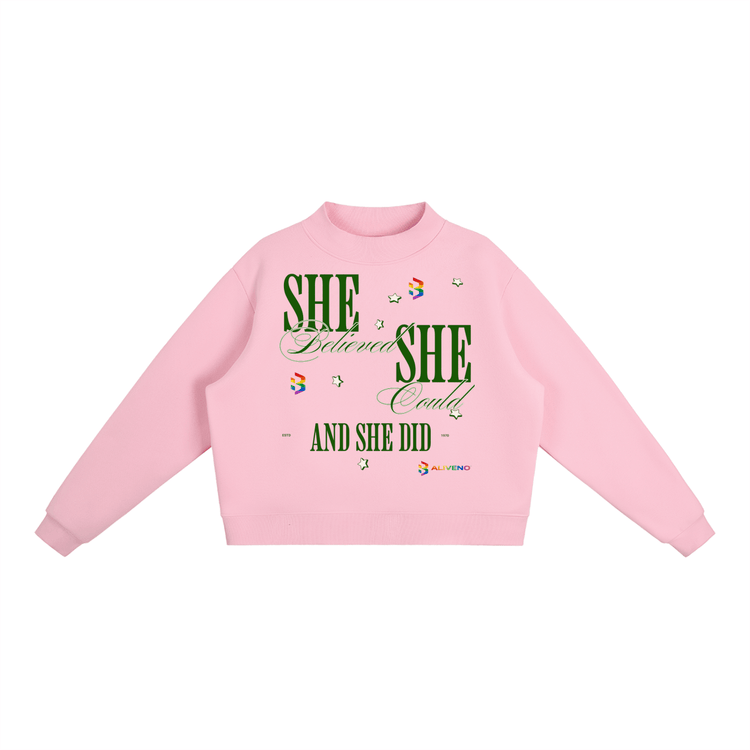 Essential Fleece Mock-Neck Crew Sweatshirt in pink with motivational text and star graphics.