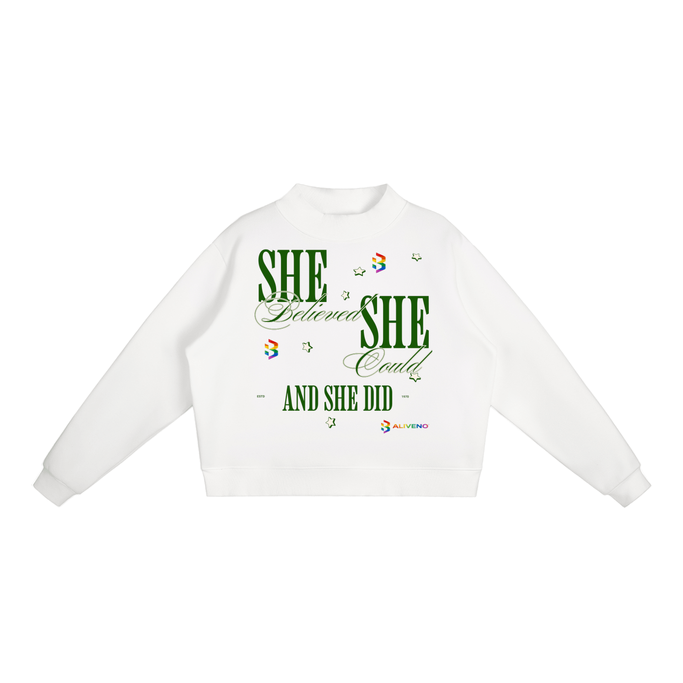 Essential Fleece Mock-Neck Crew Sweatshirt featuring inspiring text design in white fabric.