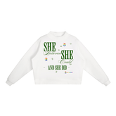 Essential Fleece Mock-Neck Crew Sweatshirt featuring inspiring text design in white fabric.