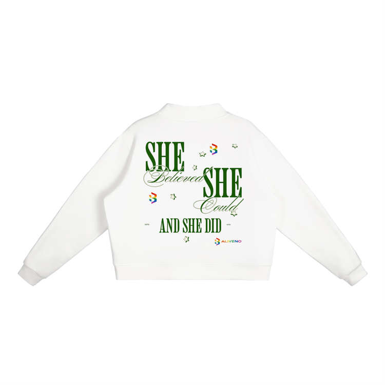 Essential Fleece Mock-Neck Crew Sweatshirt with motivational text design on the back.