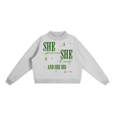 Essential Fleece Mock-Neck Crew Sweatshirt in gray with motivational print design.