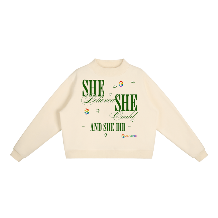 Essential Fleece Mock-Neck Crew Sweatshirt featuring inspiring text design in cream color.