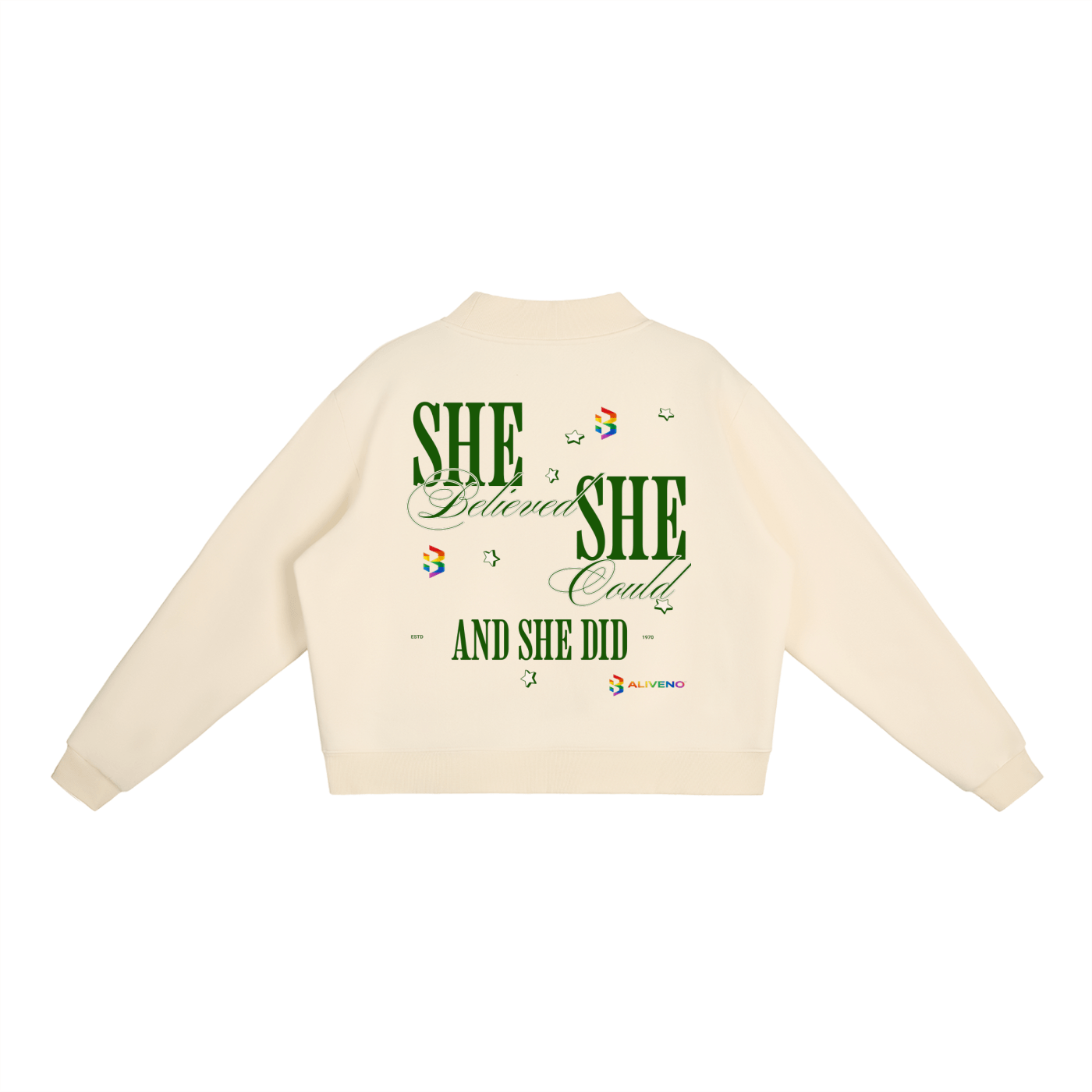 Essential Fleece Mock-Neck Crew Sweatshirt featuring inspirational text design on the back.
