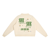 Essential Fleece Mock-Neck Crew Sweatshirt featuring inspirational text design on the back.