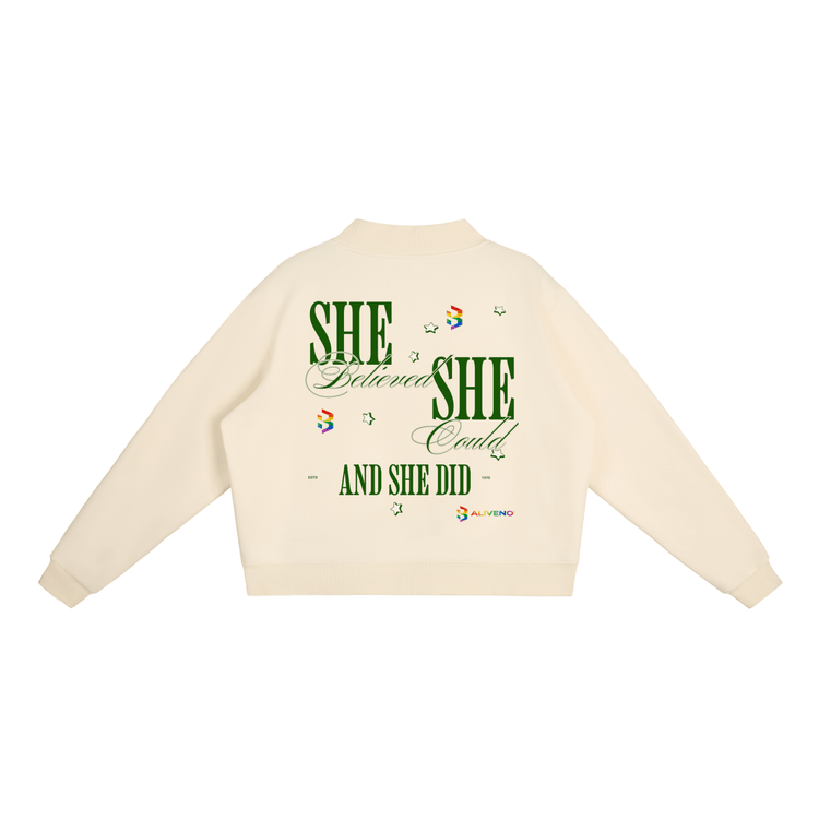 Essential Fleece Mock-Neck Crew Sweatshirt featuring inspirational text design on the back.