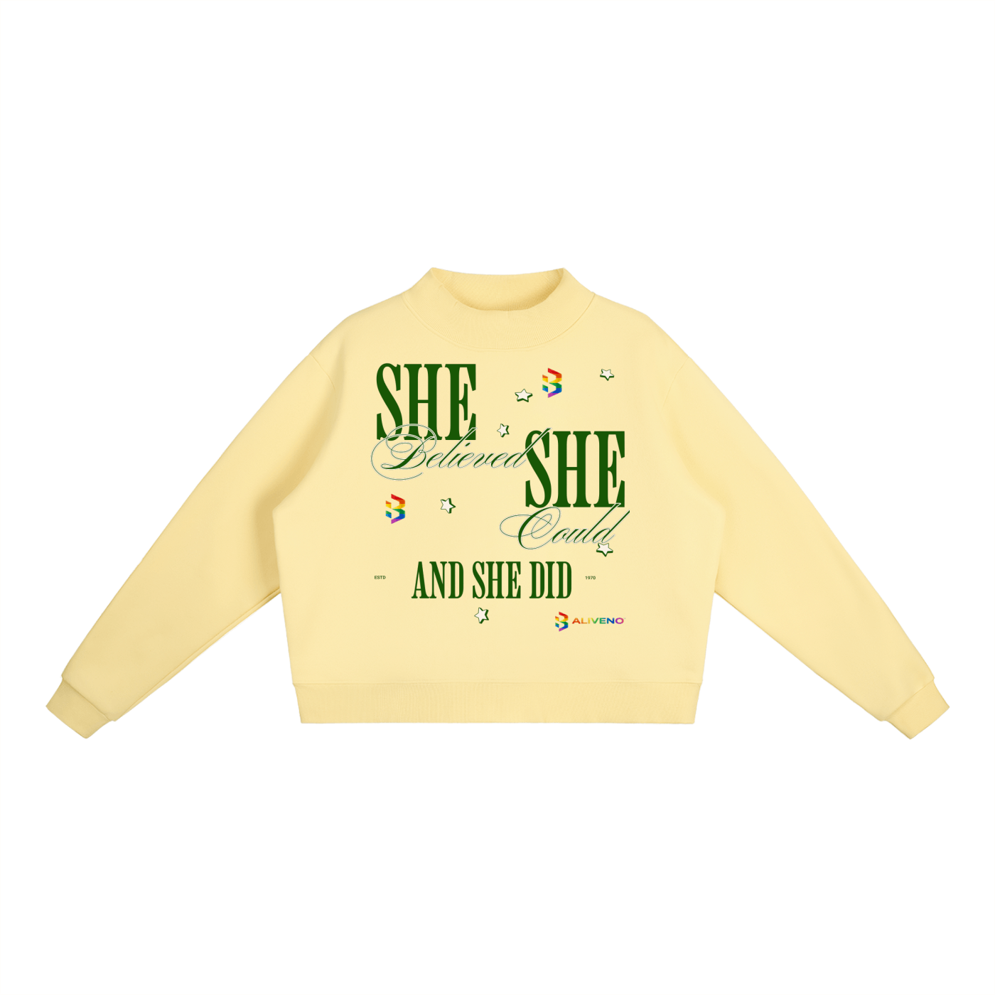 Essential Fleece Mock-Neck Crew Sweatshirt in yellow with motivational text: &