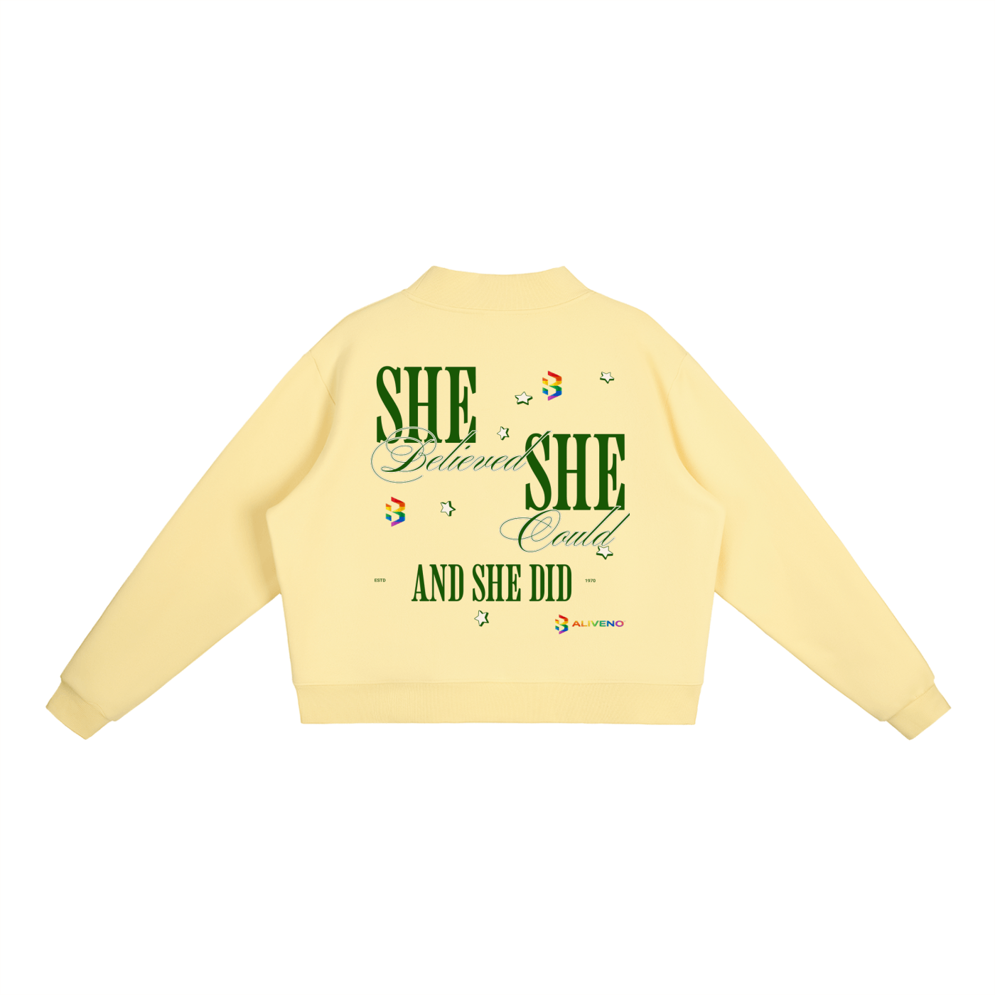 Back view of Essential Fleece Mock-Neck Crew Sweatshirt in yellow with inspirational text design.