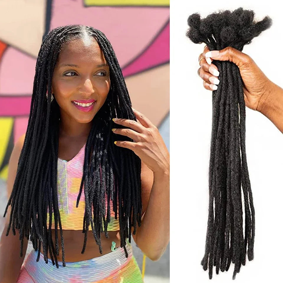 Kinky straight dreadlock extensions displayed on a model and in hand, showcasing the texture and length.