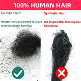 Comparison of 100% human hair vs synthetic hair for dreadlock extensions, highlighting quality and burning behavior.