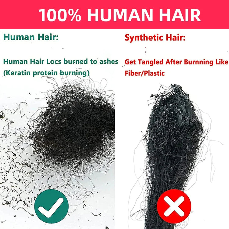 Comparison of 100% human hair vs synthetic hair for dreadlock extensions, highlighting quality and burning behavior.