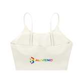 Spaghetti Strap Yoga Sports Bra in white with colorful ALIVENO logo, perfect for gym and outdoor activities.