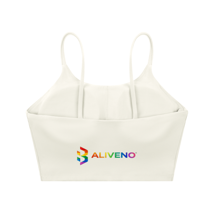 Spaghetti Strap Yoga Sports Bra in white with colorful ALIVENO logo, perfect for gym and outdoor activities.