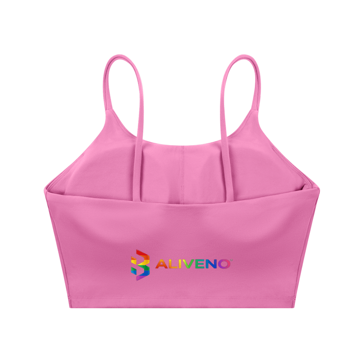 Spaghetti Strap Yoga Sports Bra in pink with ALIVENO logo, perfect for gym, running, and casual wear.