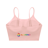 Spaghetti Strap Yoga Sports Bra in soft pink color with ALIVENO logo, ideal for gym and outdoor activities.