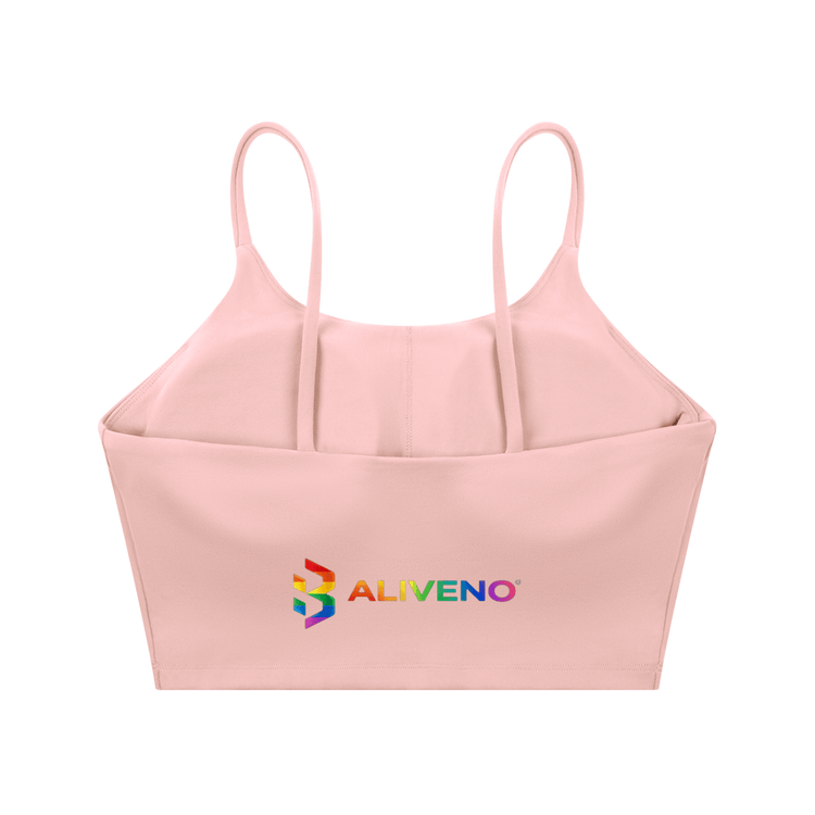 Spaghetti Strap Yoga Sports Bra in soft pink color with ALIVENO logo, ideal for gym and outdoor activities.