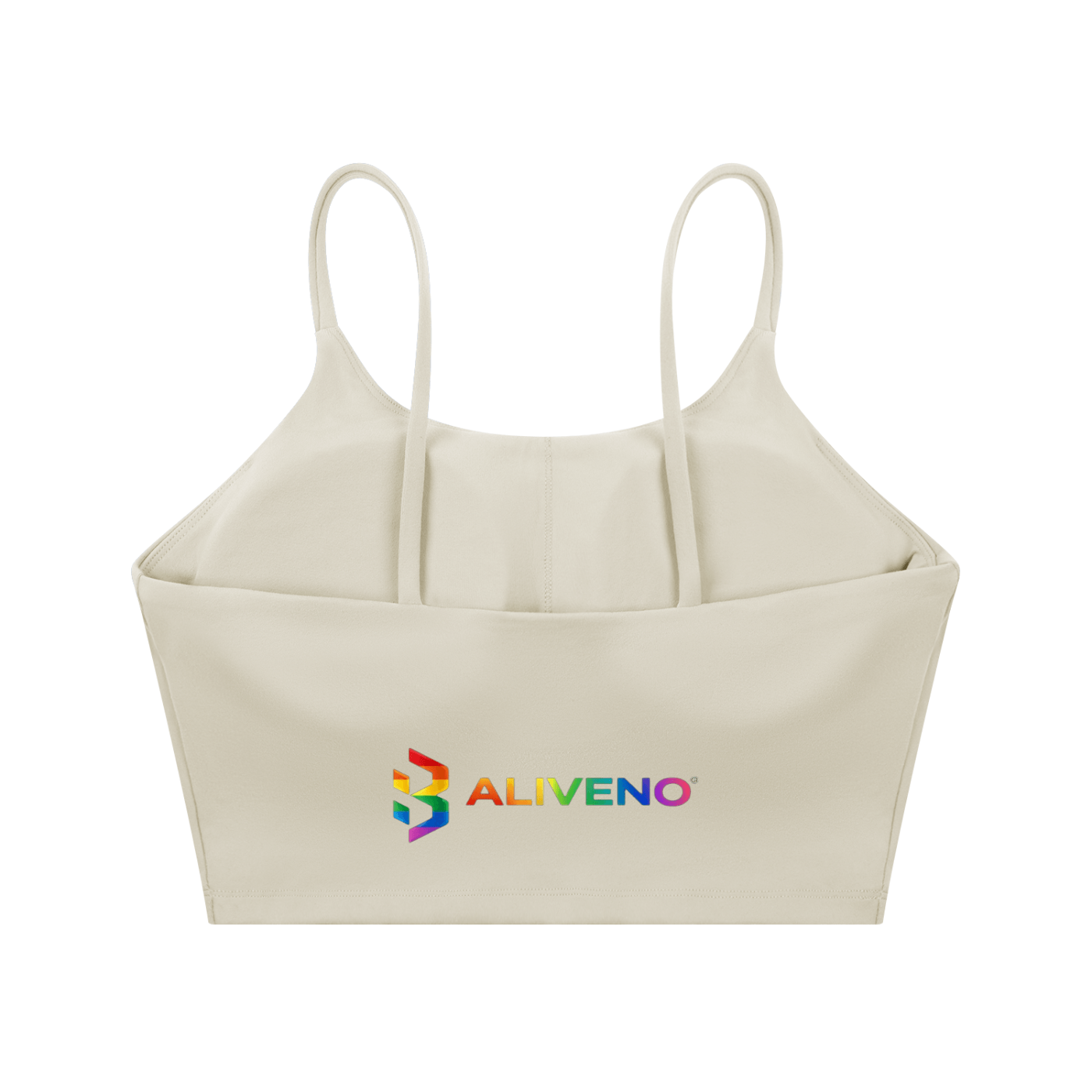 Spaghetti Strap Yoga Sports Bra in beige featuring colorful ALIVENO logo.