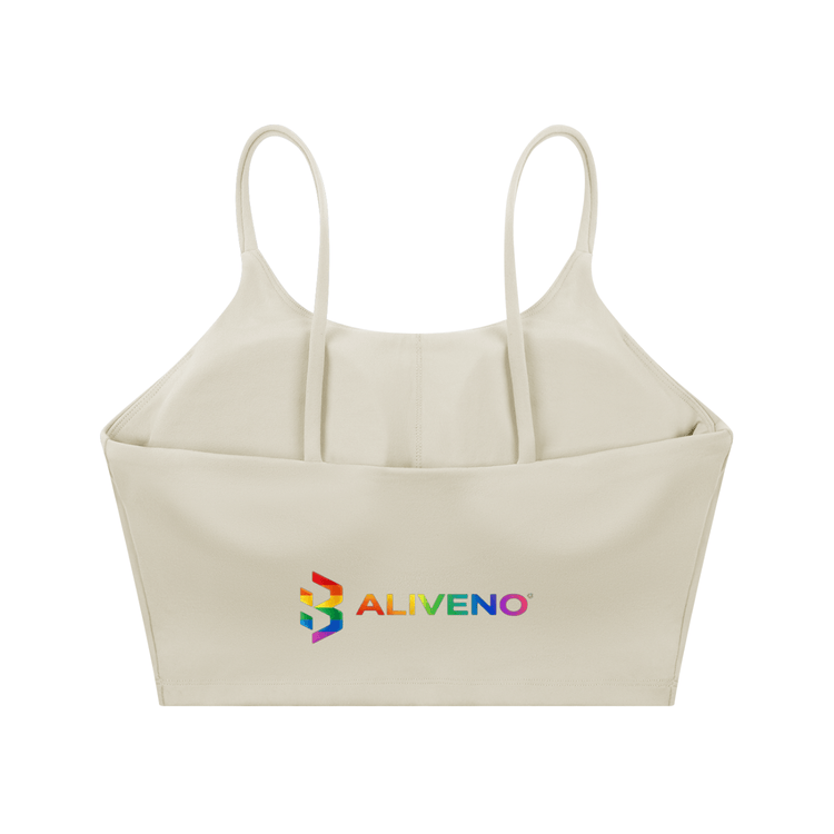 Spaghetti Strap Yoga Sports Bra in beige featuring colorful ALIVENO logo.