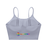 Spaghetti Strap Yoga Sports Bra in light gray featuring ALIVENO logo, perfect for casual and athletic activities.