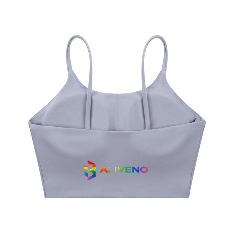 Spaghetti Strap Yoga Sports Bra in light gray featuring ALIVENO logo, perfect for casual and athletic activities.