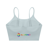 Spaghetti Strap Yoga Sports Bra in light blue with ALIVENO logo, perfect for casual workouts and summer activities.