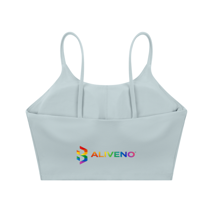 Spaghetti Strap Yoga Sports Bra in light blue with ALIVENO logo, perfect for casual workouts and summer activities.
