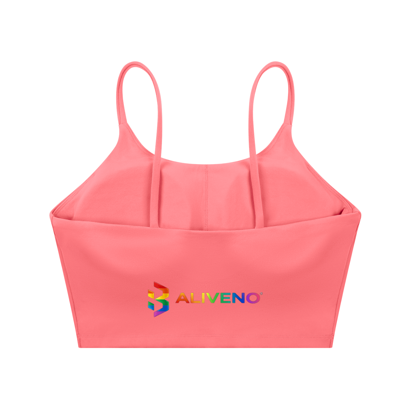 Spaghetti Strap Yoga Sports Bra in coral color featuring ALIVENO logo, perfect for gym and casual wear.
