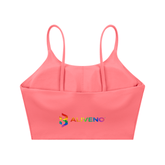Spaghetti Strap Yoga Sports Bra in coral color featuring ALIVENO logo, perfect for gym and casual wear.