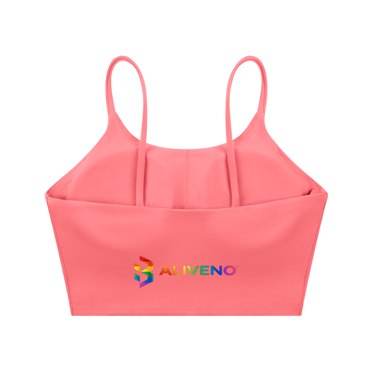 Spaghetti Strap Yoga Sports Bra in coral color featuring ALIVENO logo, perfect for gym and casual wear.