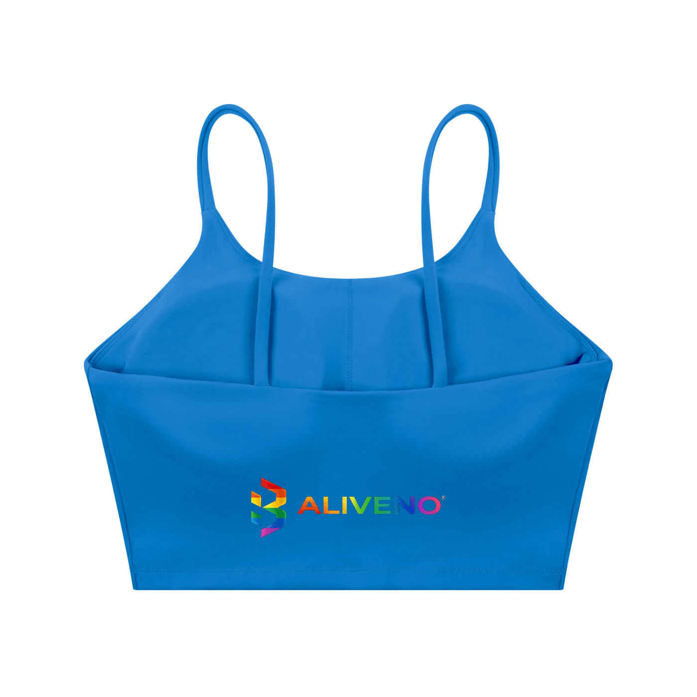 Spaghetti Strap Yoga Sports Bra in bright blue with ALIVENOTM logo, perfect for casual and active lifestyles.