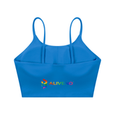 Spaghetti Strap Yoga Sports Bra in bright blue with ALIVENOTM logo, perfect for casual and active lifestyles.