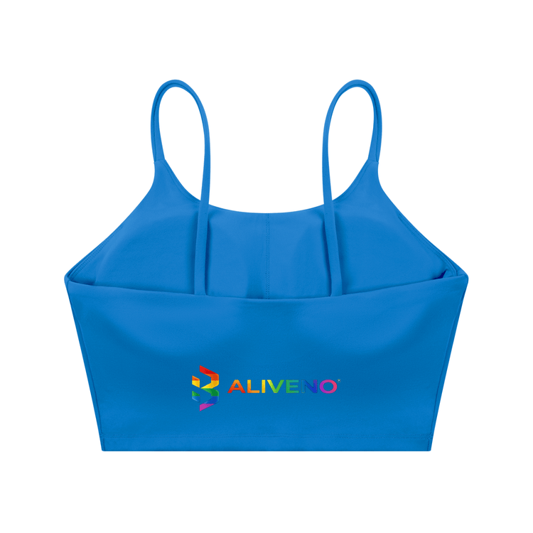 Spaghetti Strap Yoga Sports Bra in bright blue with ALIVENOTM logo, perfect for casual and active lifestyles.