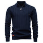 Mens Striped Jacquard Sweater With Half Zip And Stand Collar
