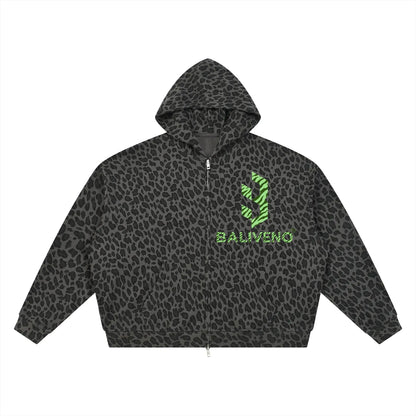 Unisex Leopard Print Waffle Full Zip Hoodie