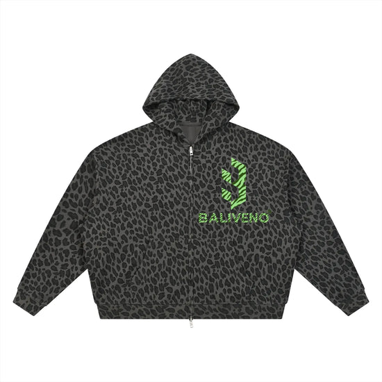 Unisex Leopard Print Waffle Full Zip Hoodie