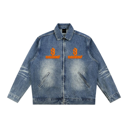 Baliveno Vintage Wash Printed Zip Up Denim Jacket
