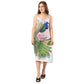 Model wearing a Baliveno Peacock Beauty Tie-strap Midi Dress featuring a vibrant peacock print midi dress design.
