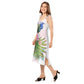 A model wearing a Baliveno peacock print midi dress with tie straps, showcasing a vibrant and chic peacock design.