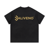 Back view of BALIVENO vintage wash cotton t-shirt in black, featuring gold logo. Perfect for casual wear! 🖤👕 