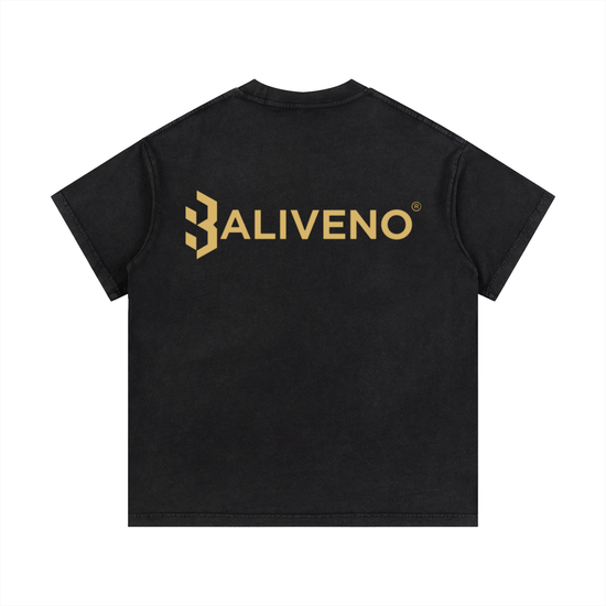 Back view of BALIVENO vintage wash cotton t-shirt in black, featuring gold logo. Perfect for casual wear! 🖤👕 